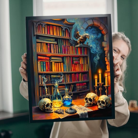 Mystical Library Skull Eagle Candle Magic Bookshelf Art Print