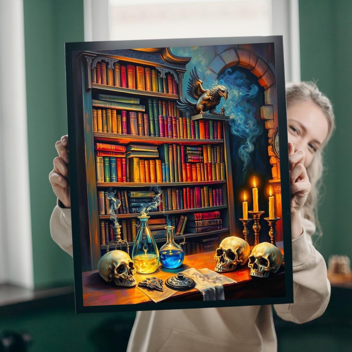 Mystical Library Skull Eagle Candle Magic Bookshelf Art Print