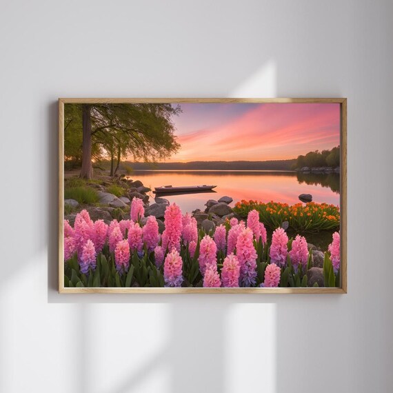 Pink Hyacinth Lakeside Sunset With Boat Serene Floral Art Print
