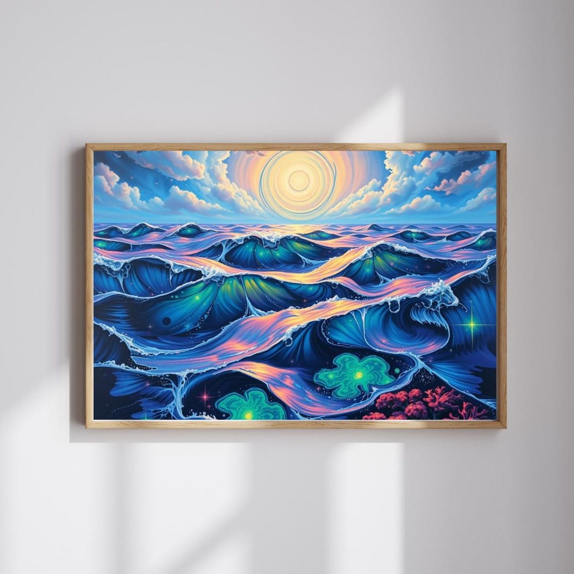 Psychedelic Ocean Waves Poster Neon Surf Sun Cosmic Sea Artwork