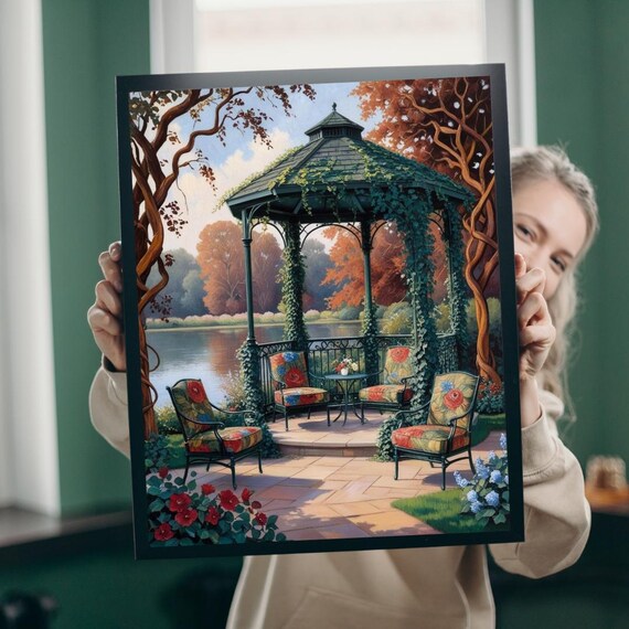 Romantic Autumn Lakeside Gazebo Garden Retreat Painting Art Poster