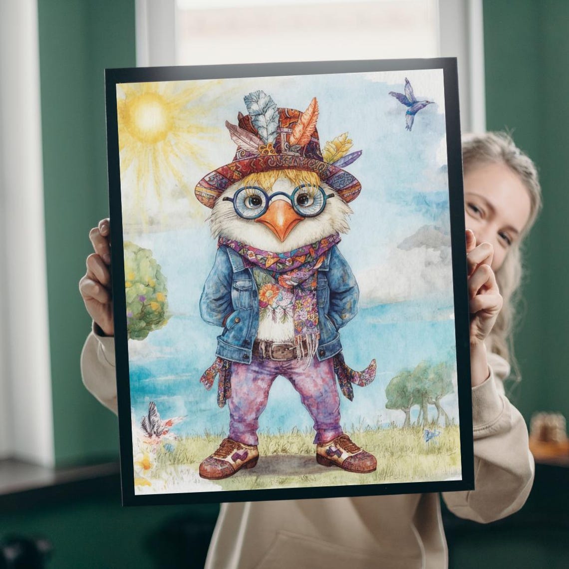 Groovy Boho Chicken With Feather Hat Glasses Denim Jacket Poster