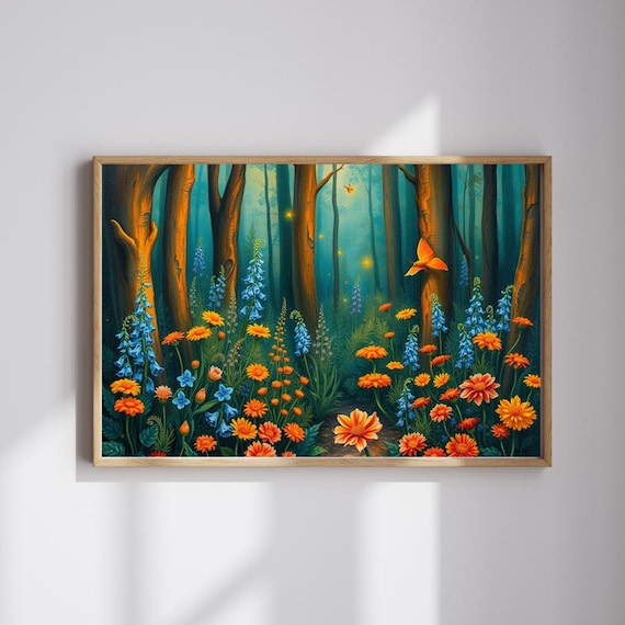 Vibrant Wildflower Forest Butterflies Colorful Bloom Trees Painting Poster