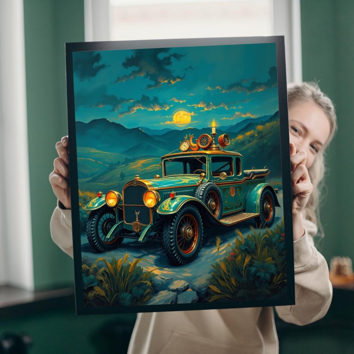 Steampunk Vintage Teal Roadster Moonlit Mountains Rich Poster