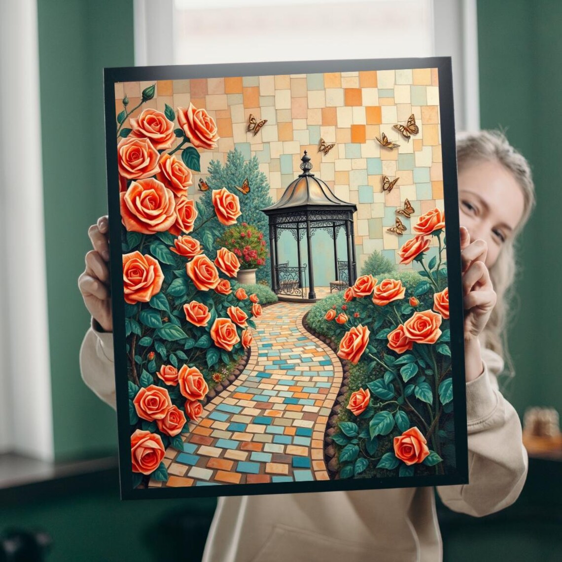 Dreamy Orange Rose Garden Gazebo Butterfly Path Mosaic Art Print