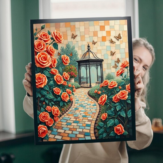 Dreamy Orange Rose Garden Gazebo Butterfly Path Mosaic Art Print