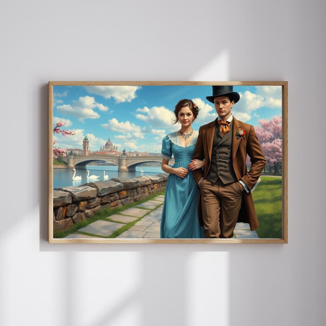 Victorian Couple Strolling Riverside Bridge with Swans Poster