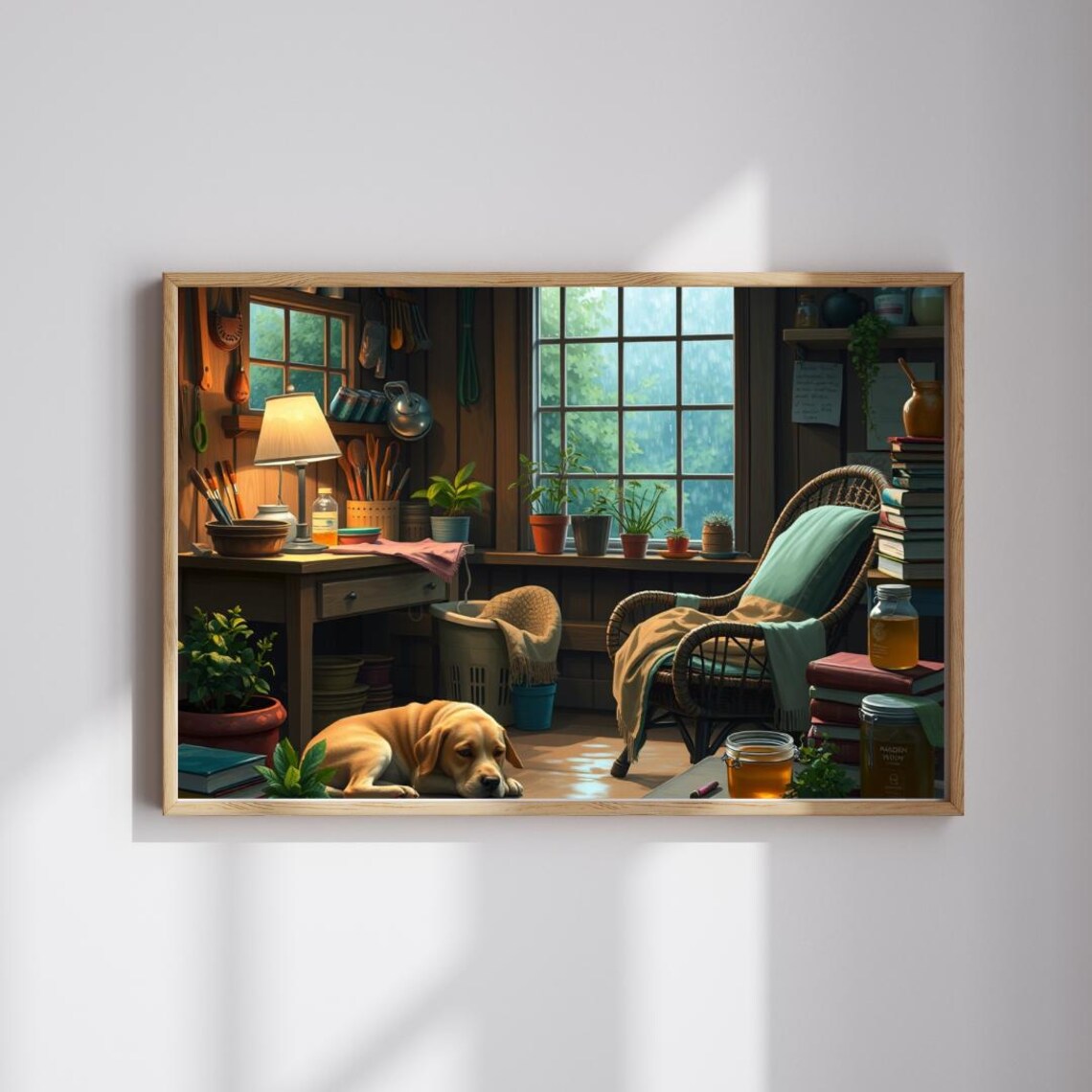 Cozy Garden Shed Sleeping Labrador Plants Tools Cottage Poster