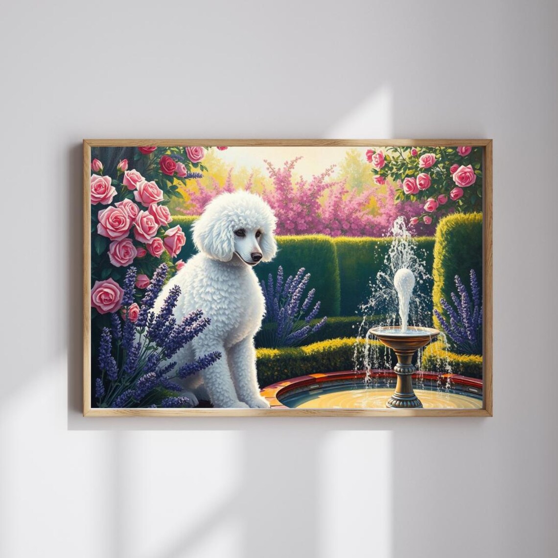 White Poodle In Flower Garden With Fountain Rose Dog Art Poster