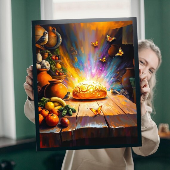 Glowing Bread Of Life Butterflies Abundant Table Scene Poster