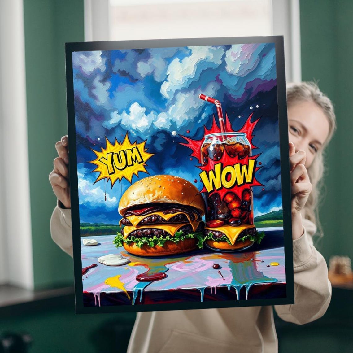 Yum Wow Cheeseburger and Giant Cola Fun Pop Art Kitchen Poster