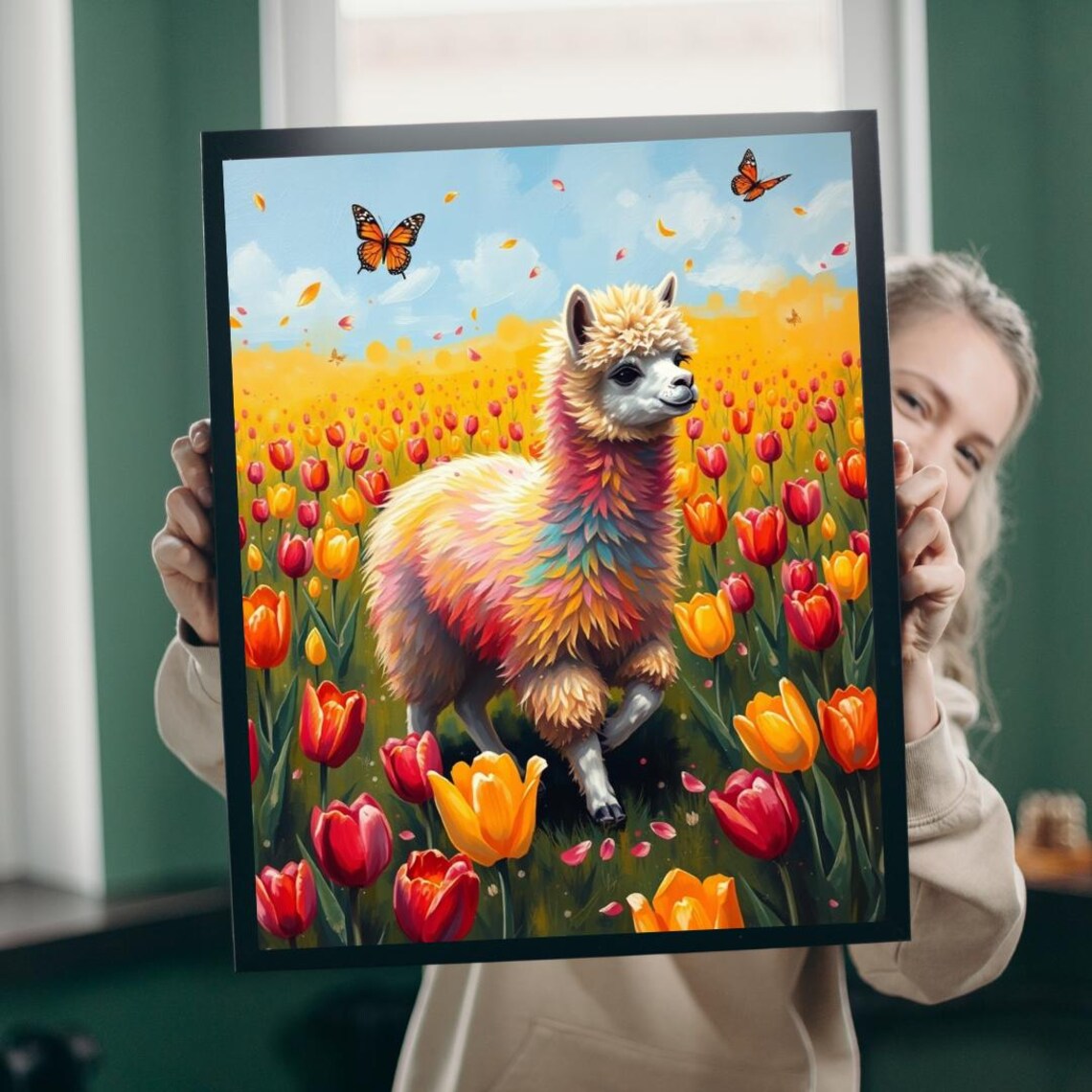 Colorful Llama Tulip Field Butterflies Rainbow Fur Fantasy Poster