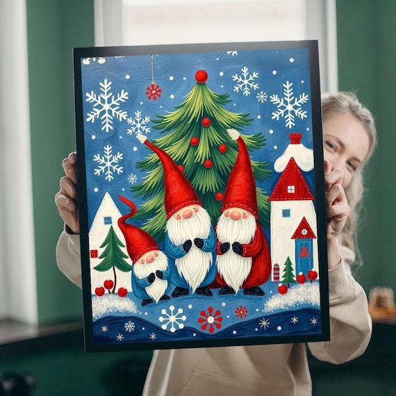 Three Christmas Gnomes Decorated Tree Scandinavian Holiday Wall Art