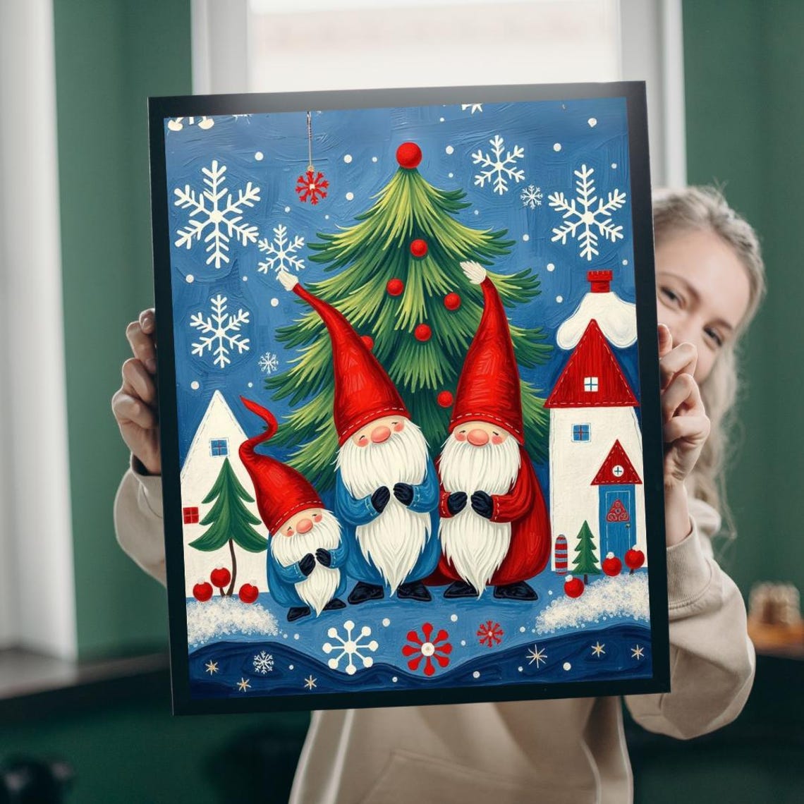 Three Christmas Gnomes Decorated Tree Scandinavian Holiday Wall Art