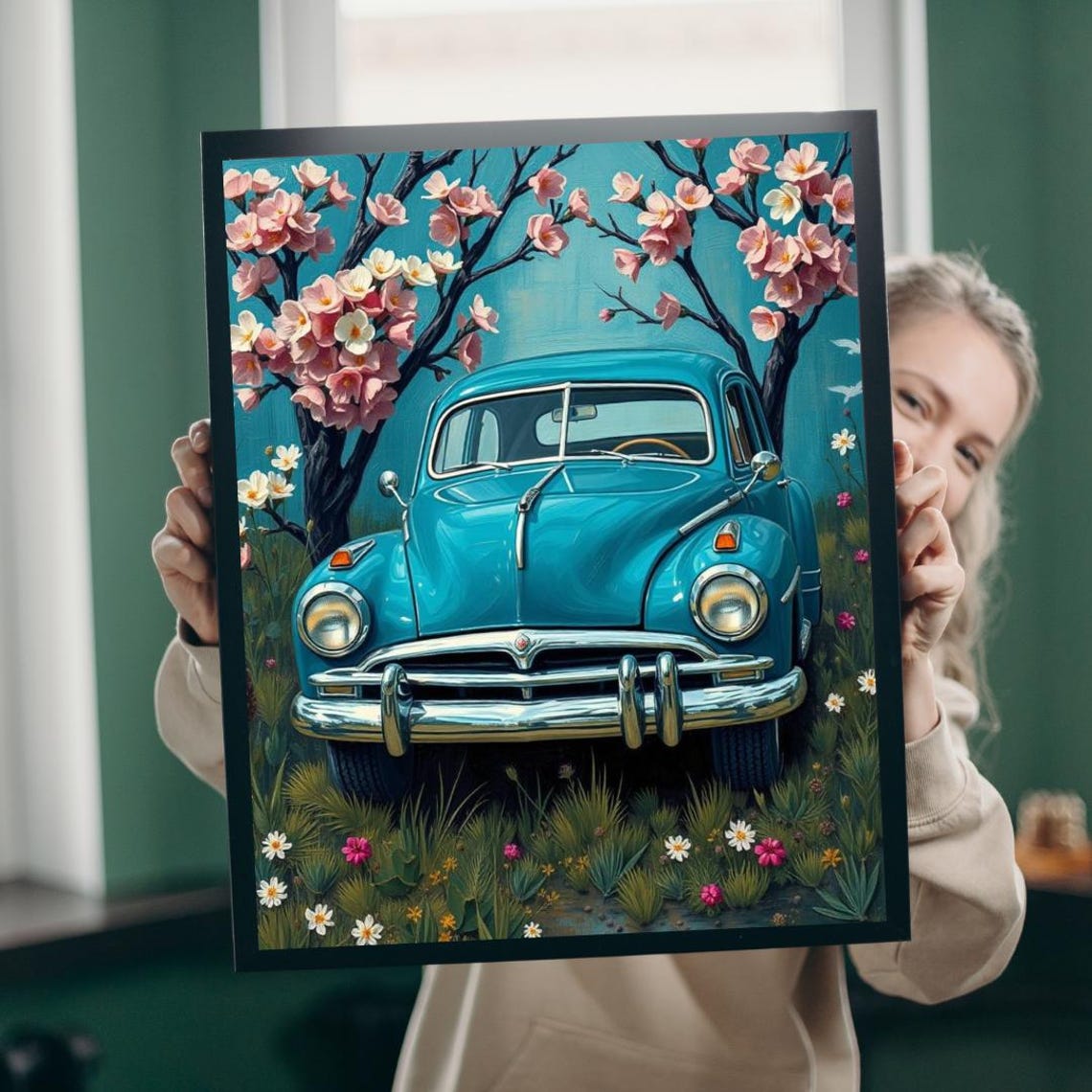 Vintage Turquoise Car Cherry Blossom Spring Floral Auto Art Poster