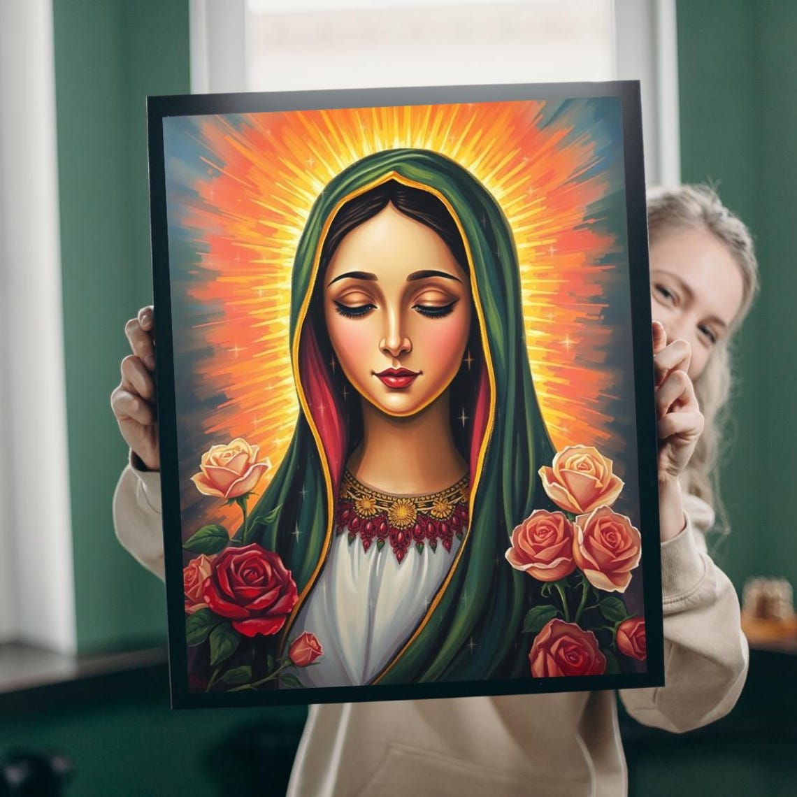 Our Lady of Guadalupe Portrait Print Roses Catholic Devotional Art