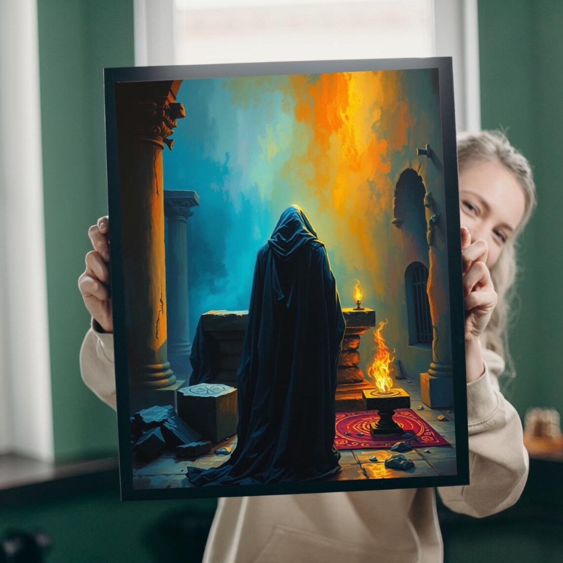 Gothic Cloaked Figure Ruined Temple Fire Fantasy Dark Art Poster