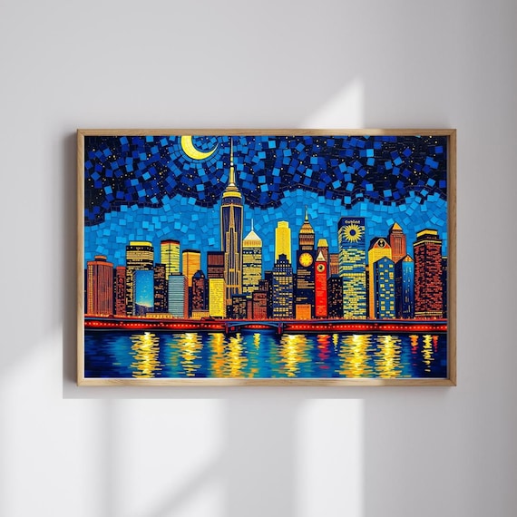 New York City Night Mosaic Skyline Crescent Moonlight Poster