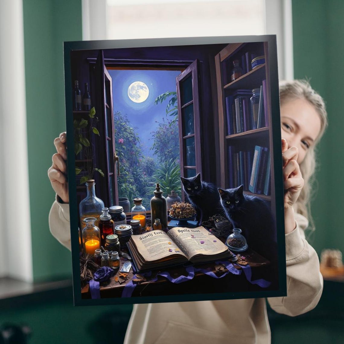 Black Cats Witch Library Spell Book Moonlight Magic Art Poster