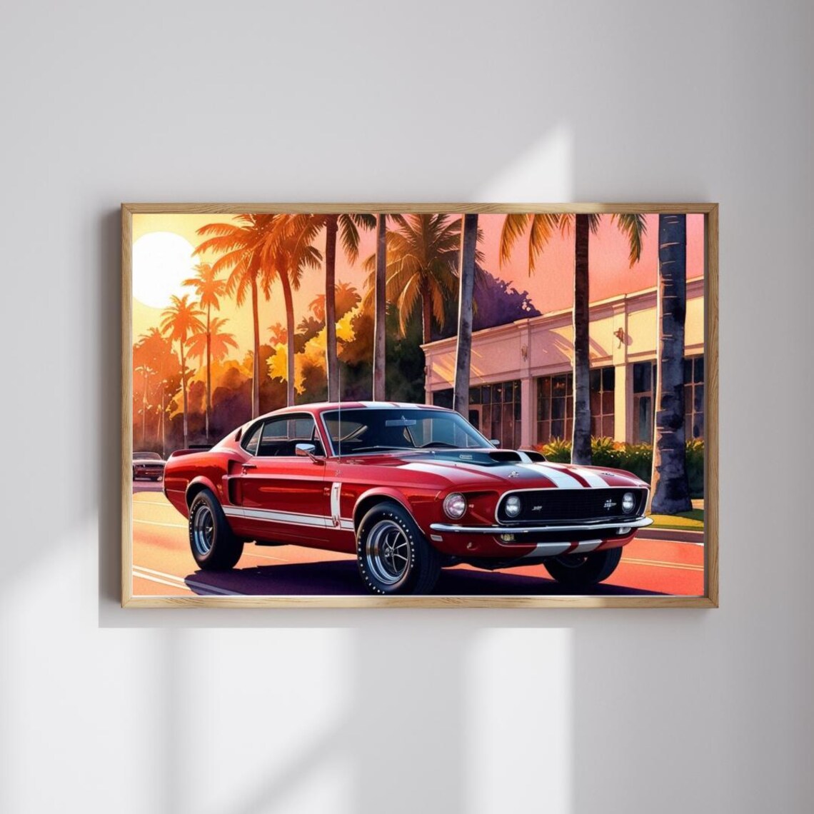 Red Classic Ford Mustang Sunset Palm Street Vintage Car Art Print