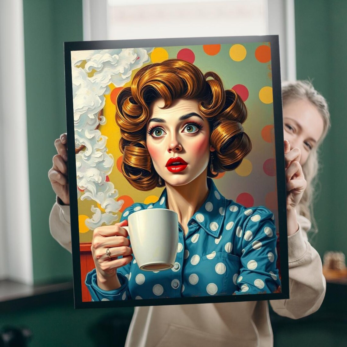 Retro Woman Coffee Cup Polka Dot Dress Vintage Pinup Portrait Poster