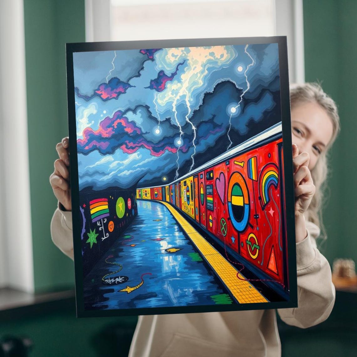 Colorful Urban Subway Train Graffiti Night Storm Street Art Poster