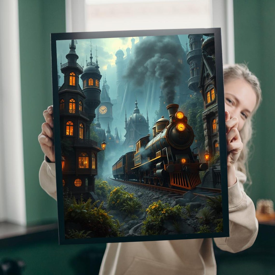 Steampunk Train Victorian Gothic Night City Fantasy Art Poster