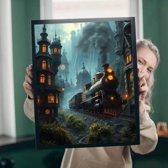 Steampunk Train Victorian Gothic Night City Fantasy Art Poster