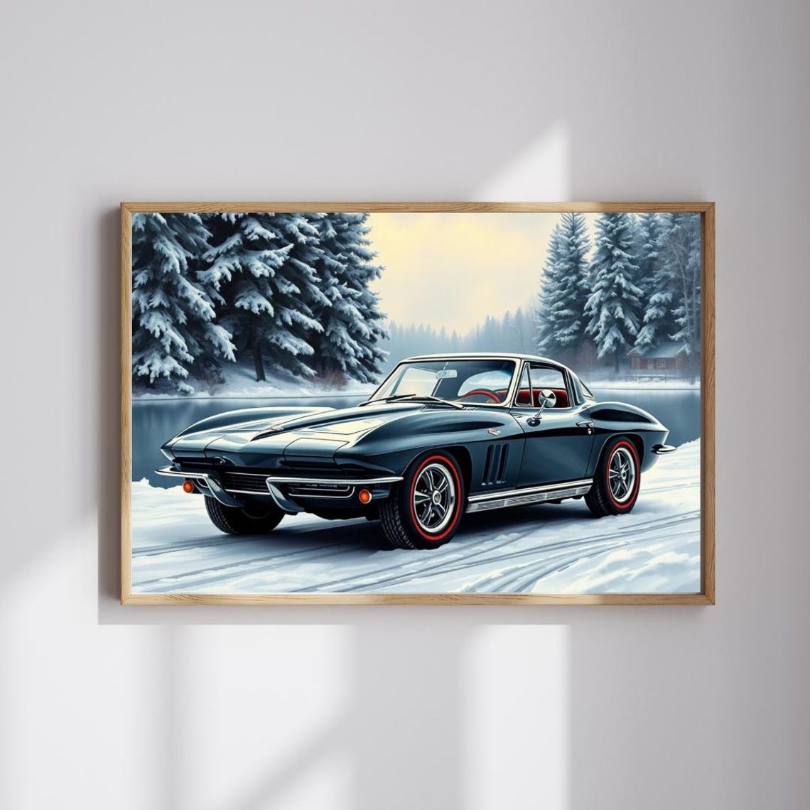 Black 1963 Corvette Sting Ray Snowy Forest Winter Road Art Print