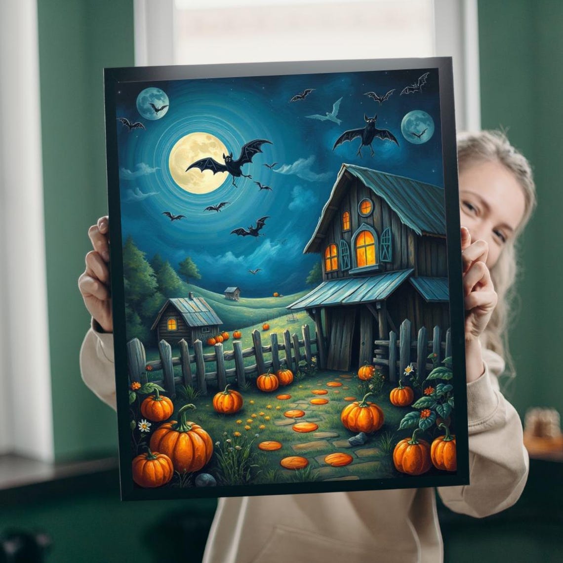 Moonlight Halloween Barn Pumpkins Bats Spooky Farm Night Art Poster