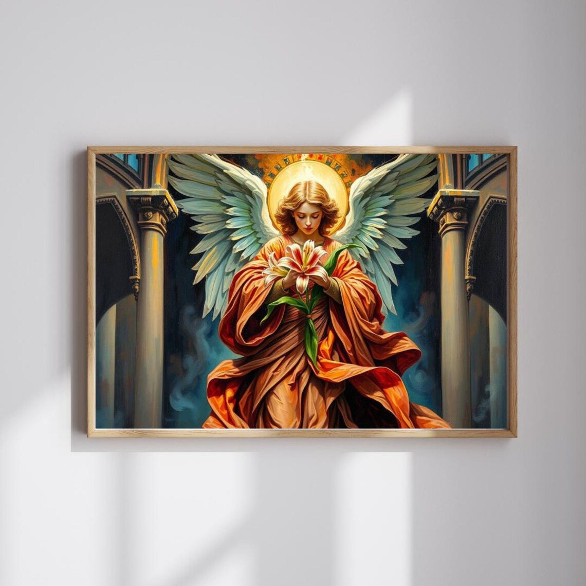 Angel Holding Lily in Gothic Cathedral Golden Halo Art Poster