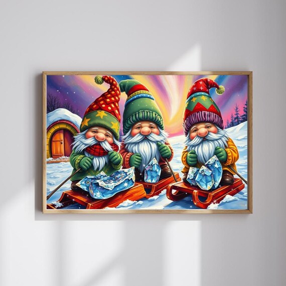 Three Christmas Gnomes Sledding With Ice Crystals Winter Poster