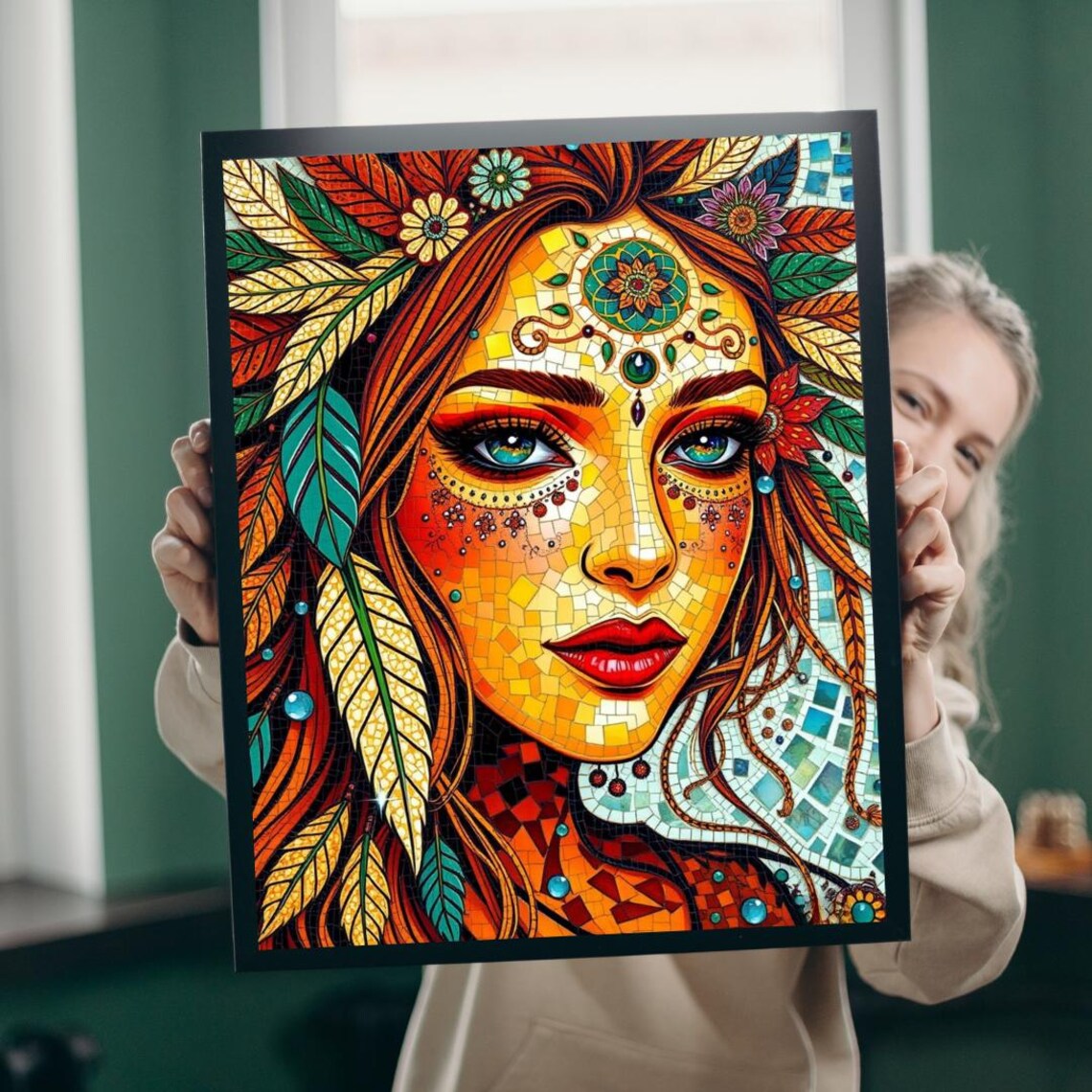 Warm Autumn Mosaic Woman Portrait Orange Leaf Feather Art Print