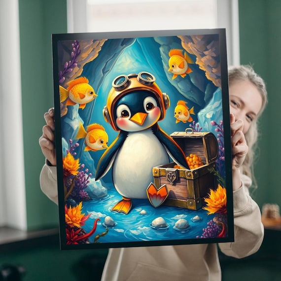 Cute Penguin Diver Underwater Treasure Chest Cartoon Art Poster