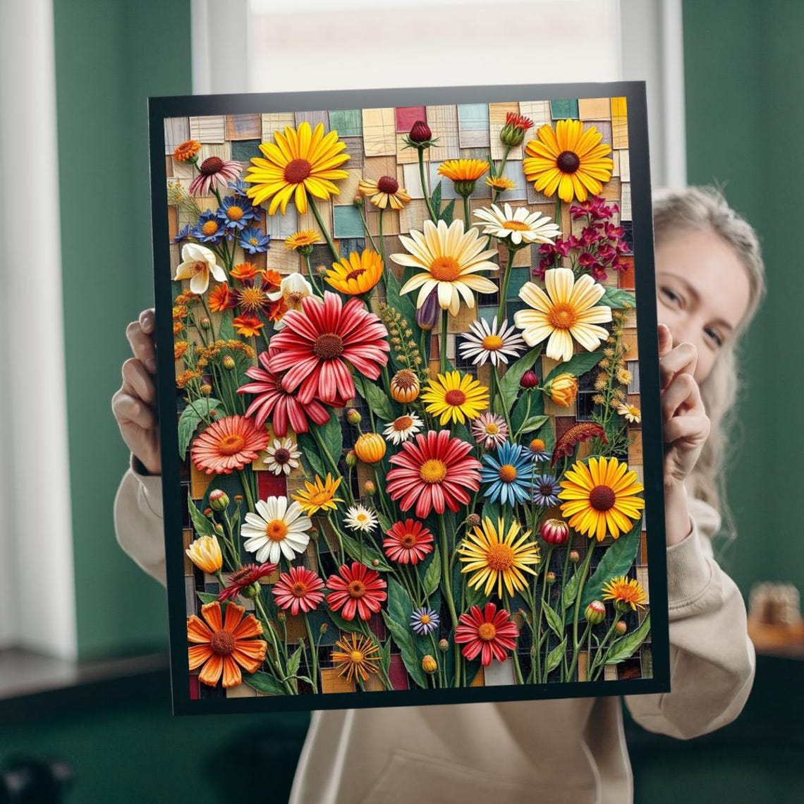 Flower Garden Mosaic Poster Rainbow Daisy Tiles Botanical Wall Decor