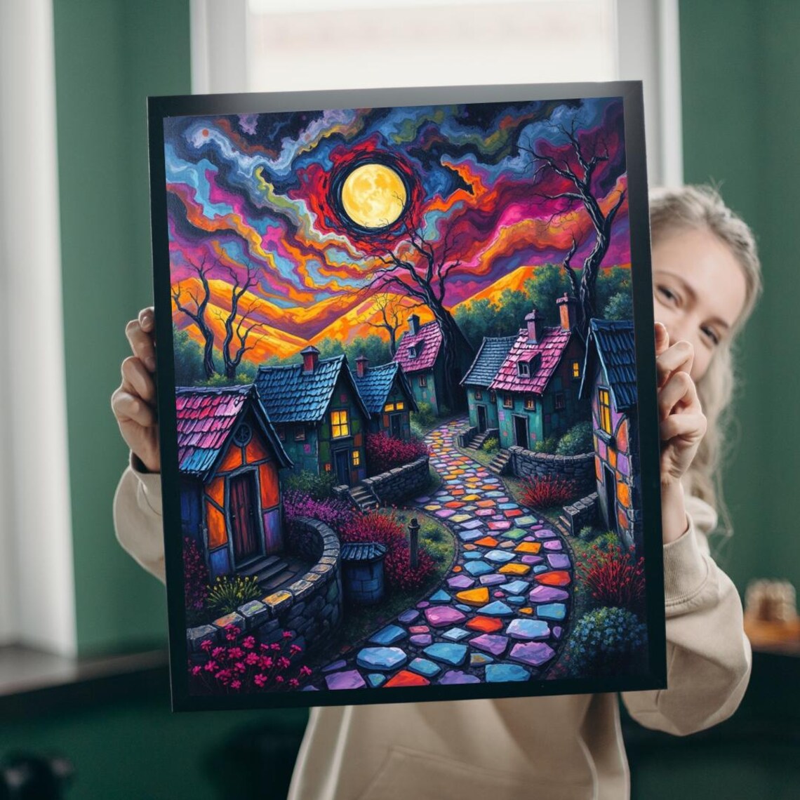 Enchanting Evening Village Blazing Moon Mosaic Stone Path Poster