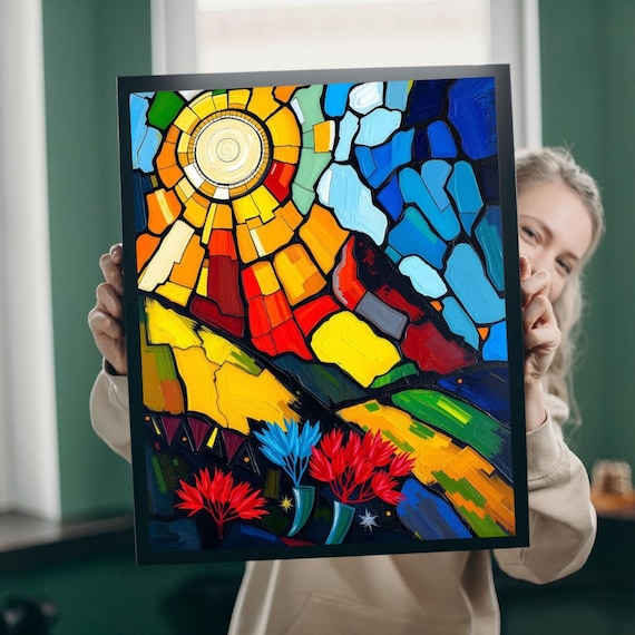 Stained Glass Sun Rising Over Colorful Mosaic Valley Art Poster