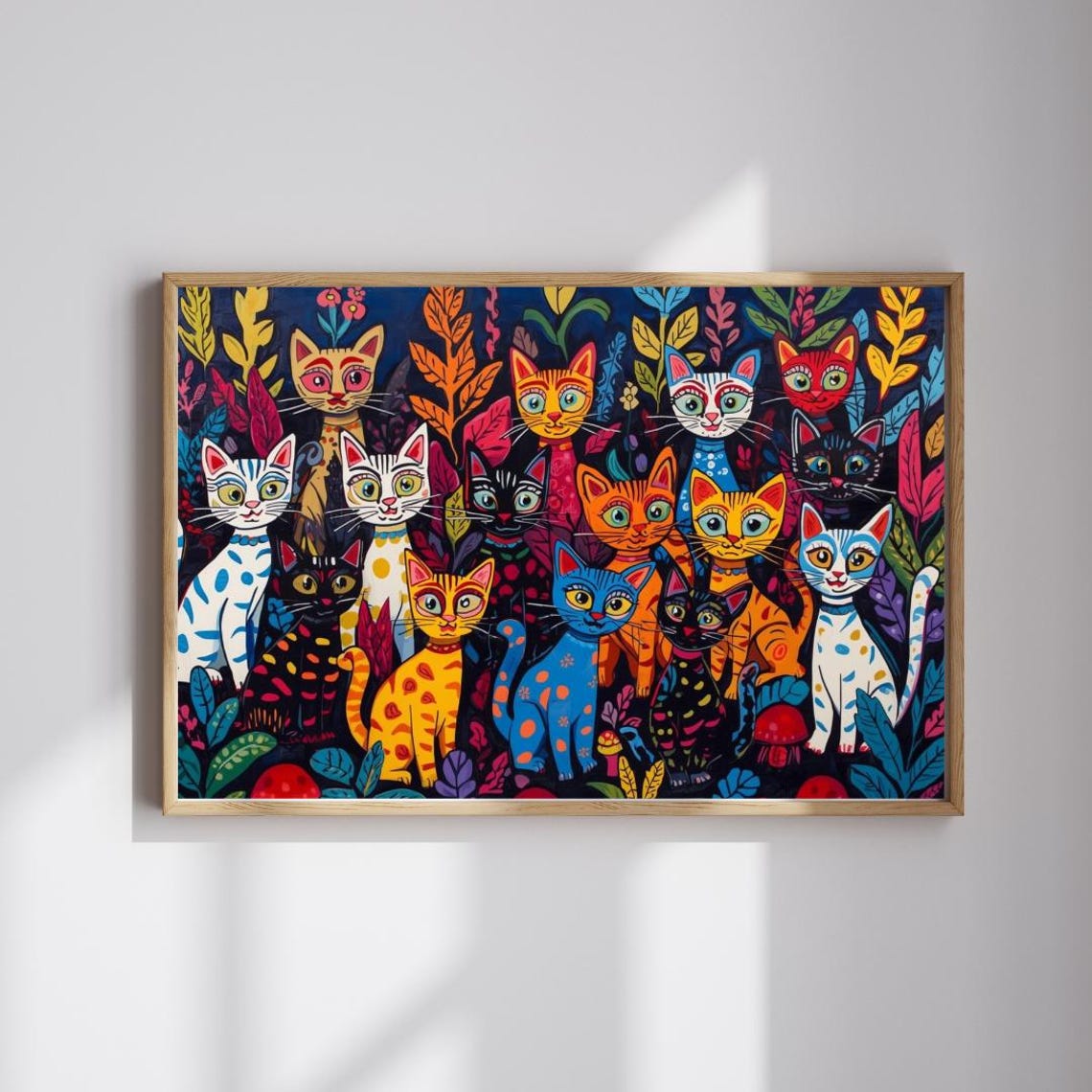 Colorful Folk Art Cats Whimsical Feline Gathering Vibrant Animal Poster