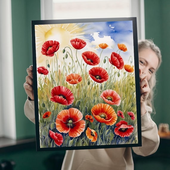 Red Poppy Field Sunshine Meadow Impressionist Watercolor Floral Art Poster