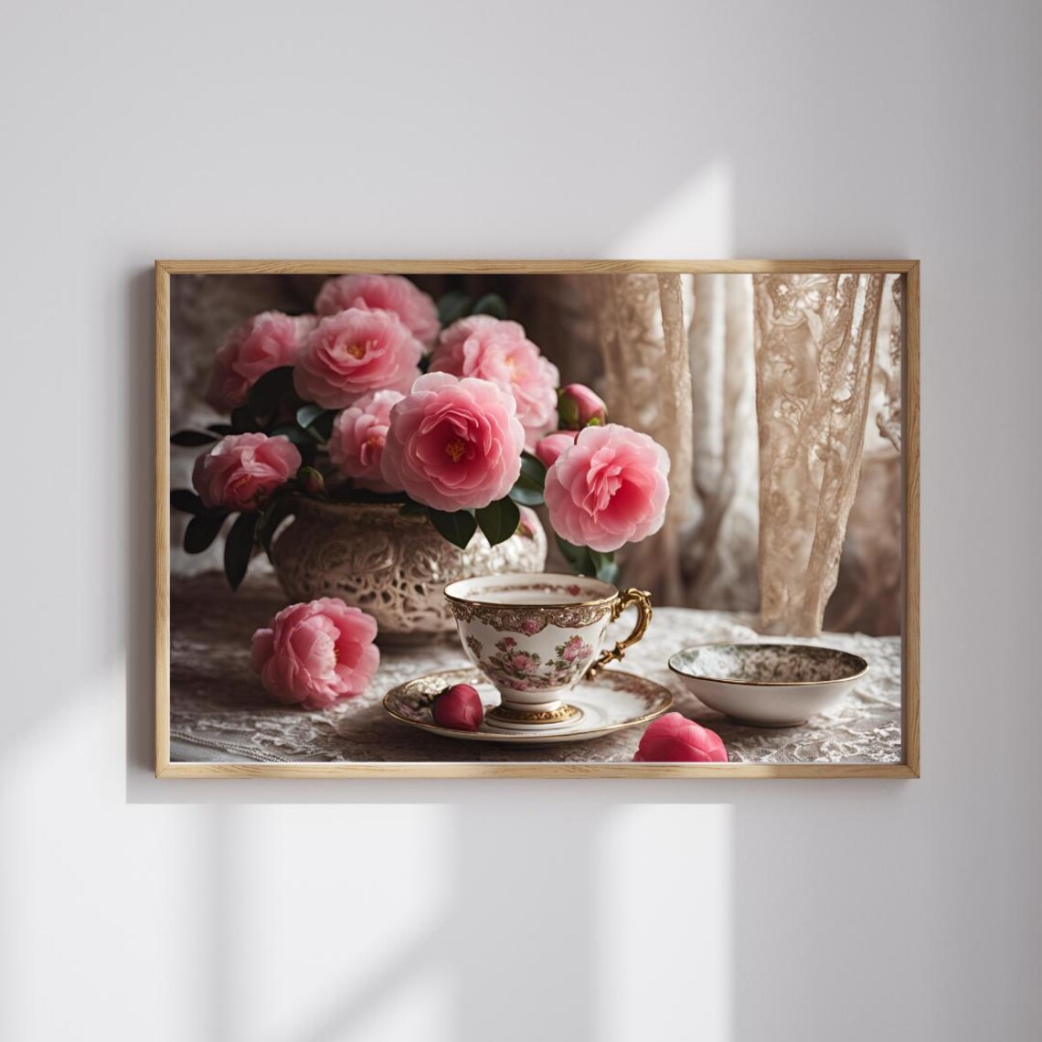 Pink Roses Ornate Teacup Vintage Afternoon Tea Still Life Print