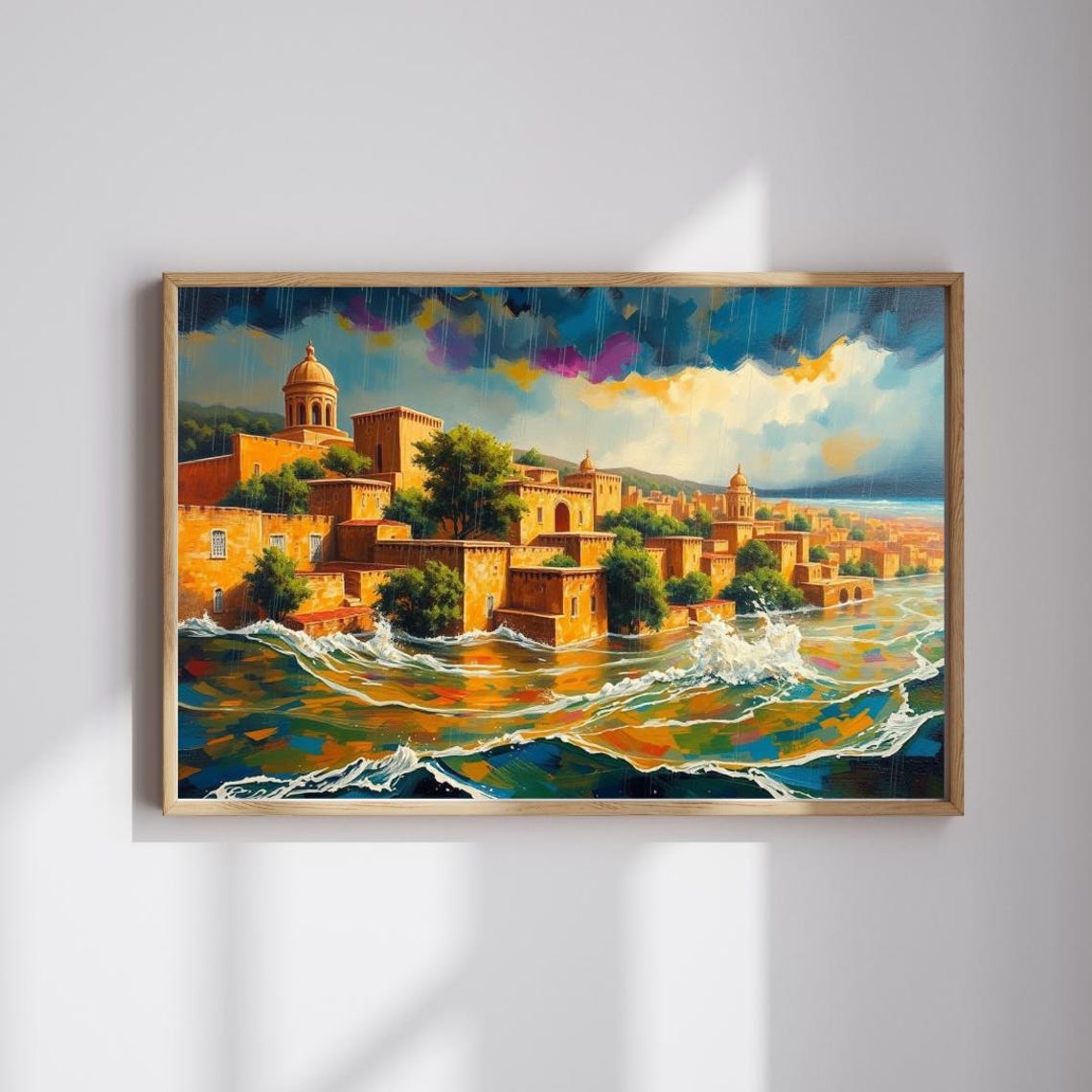 Golden Coastal City Towering Waves Dramatic Storm Art Poster