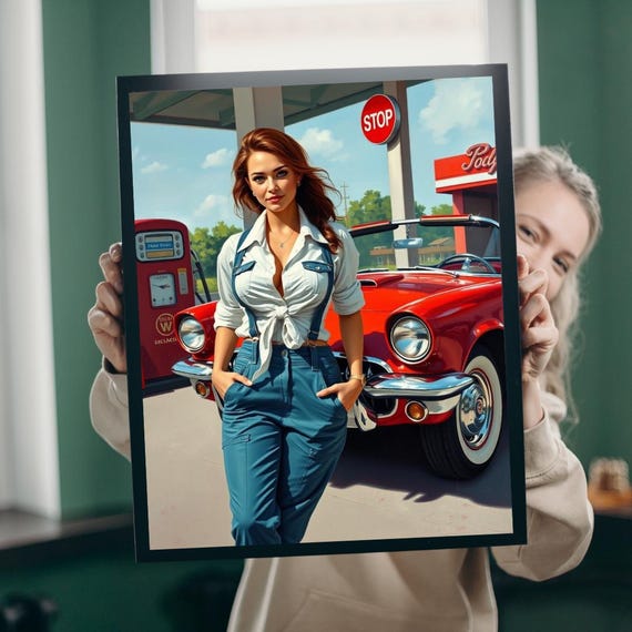 Vintage Mechanic Woman Puzzle Red Convertible Retro Gas Station