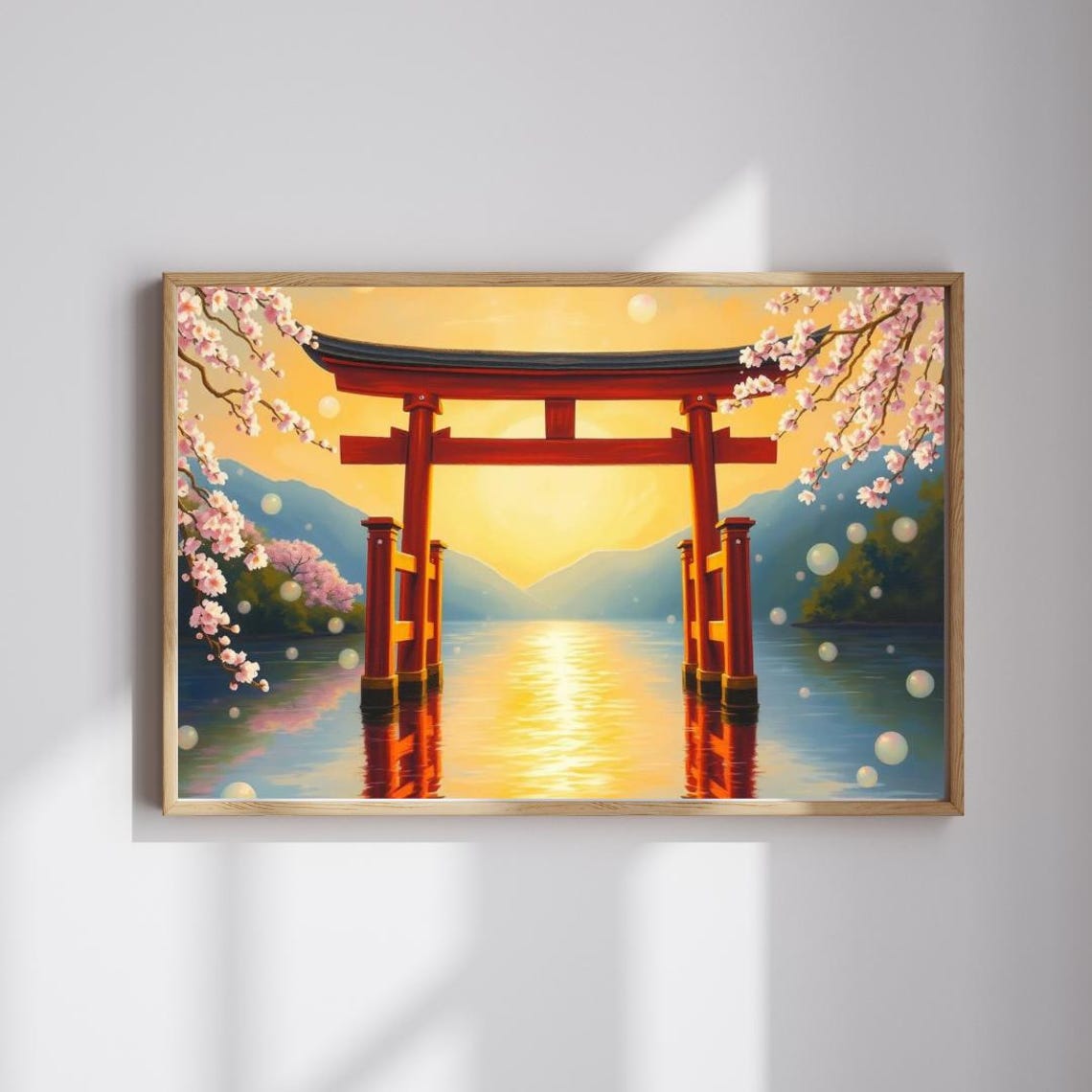 Red Japanese Torii Gate Over Water Sunset Cherry Blossom Poster