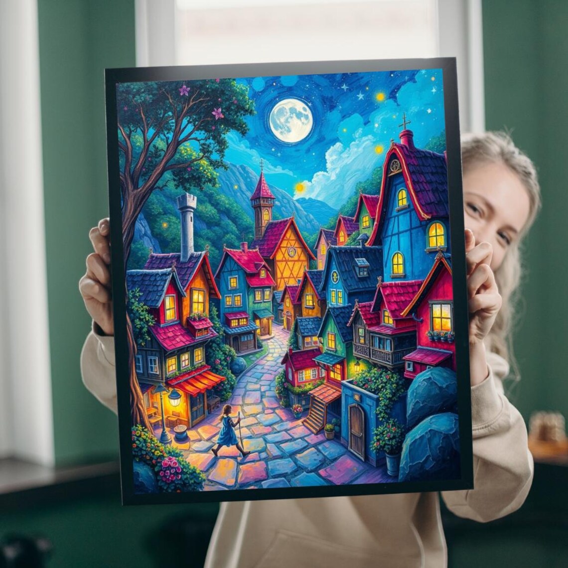 Dreamy Moonlit Fantasy Village Cobblestone Street Art Poster