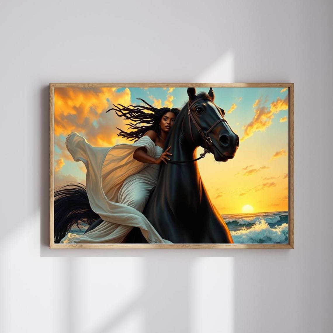 Woman Riding Black Horse on Beach at Sunset Majestic Equestrian Poster