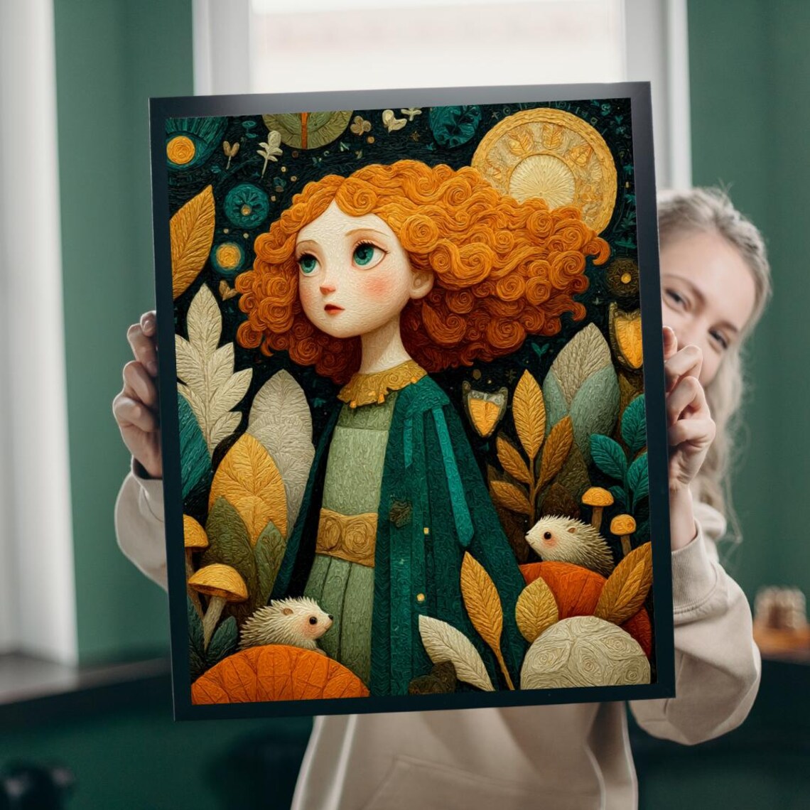 Enchanted Mushroom Grove Fairytale Red Haired Girl With Hedgehogs Poster