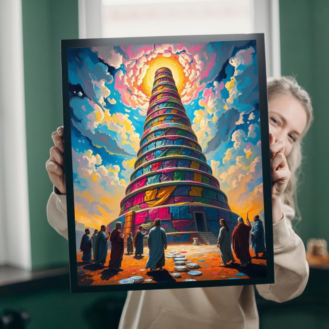 Tower of Babel Colorful Biblical Tower Reaching Vibrant Sky Poster