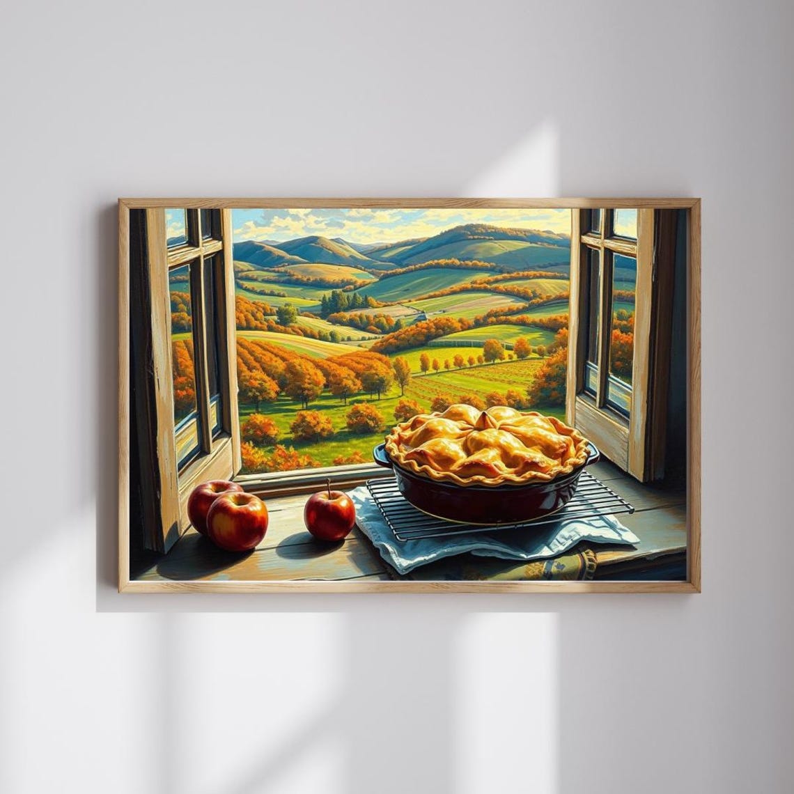 Fresh Apple Pie On Windowsill Autumn Hills Cozy Kitchen Art Print