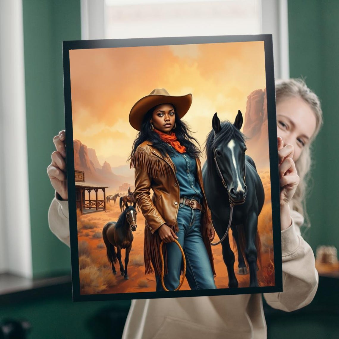 Black Cowgirl Wild West Frontier Jigsaw Puzzle Horses Wall Art