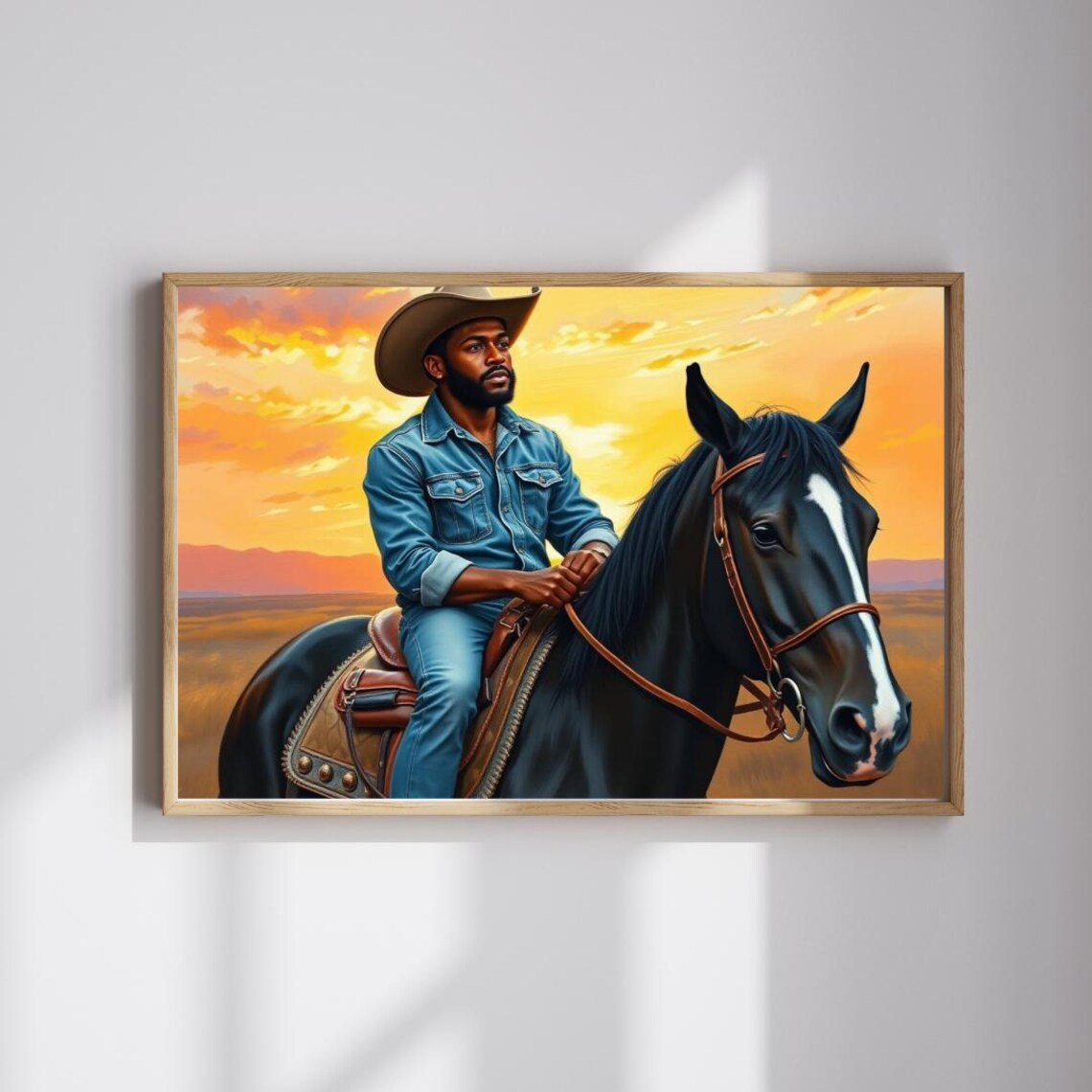 Black Cowboy Riding Black Horse at Sunset Western Frontier Art Poster